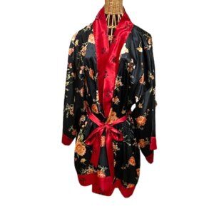 Flora Nikrooz satin black and red kimono robe/duster.